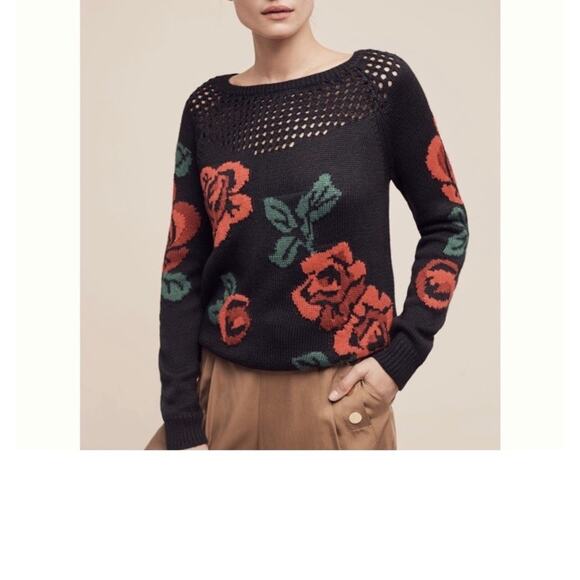Plenty by Tracy Anthropologie | Sweaters | Knitted Rose Sweater Wool Black M - Picture 1 of 16